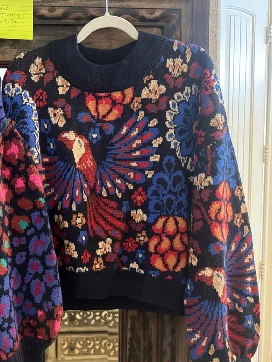 Farm Rio Floral Parrot Navy Knit Sweater - XL - Picture 2 of 2